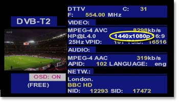 DVB-T2 measurements screen on a TV EXPLORER HD+