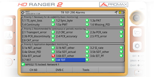 Transport Stream monitoring and alarms managing accorgding to TR 101 290 in the HD RANGER 2 field strength meter