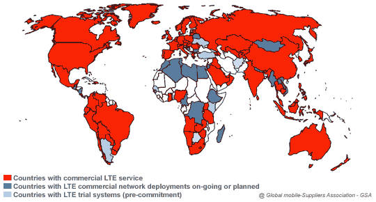 Mapa de implantación de LTE-4G a finales de 2014. © Global mobile-Suppliers Association - GSA.