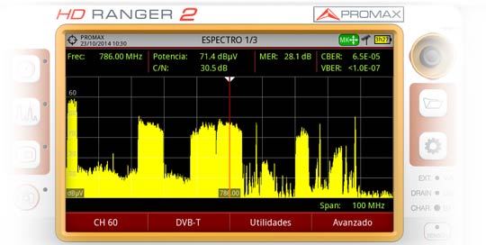 Canal 60 de la banda terrestre. El espectro de la banda reservada a LTE es visible a la derecha.
