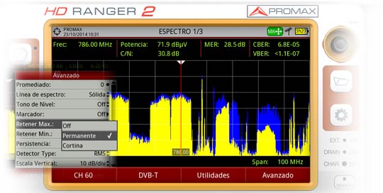 Задержка Максимума сигнала. Максимальная мощность спектра показана синим цветом, а спектр в реальном времени (желтым).