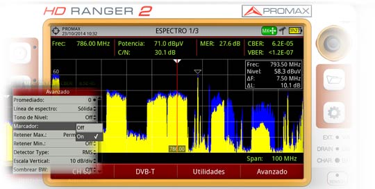 Marcador activado y posicionado en uno de los canales LTE, en la frecuencia 793,5 MHz.