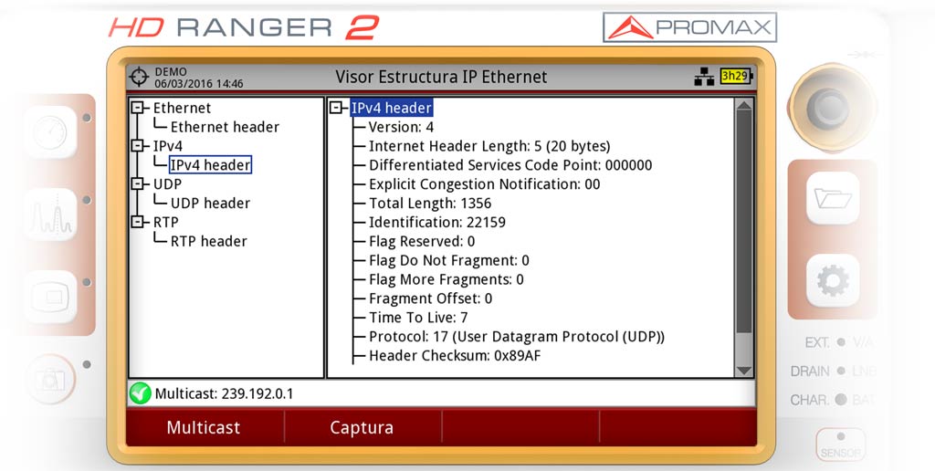 Pantalla del visor de la estructura IP Ethernet