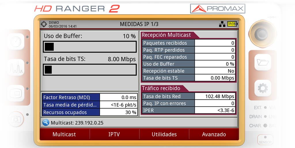 Pantalla principal de medidas IPTV de un medidor de campo RANGER Neo 2