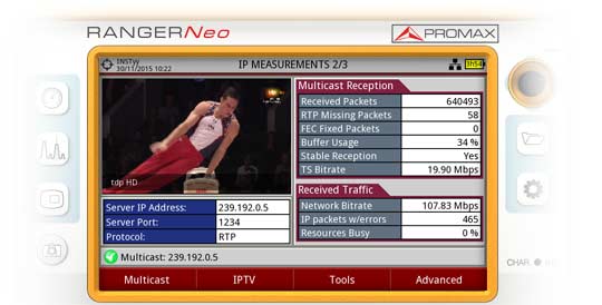 Una de las tres pantallas de medida de IPTV disponibles en el RANGER Neo